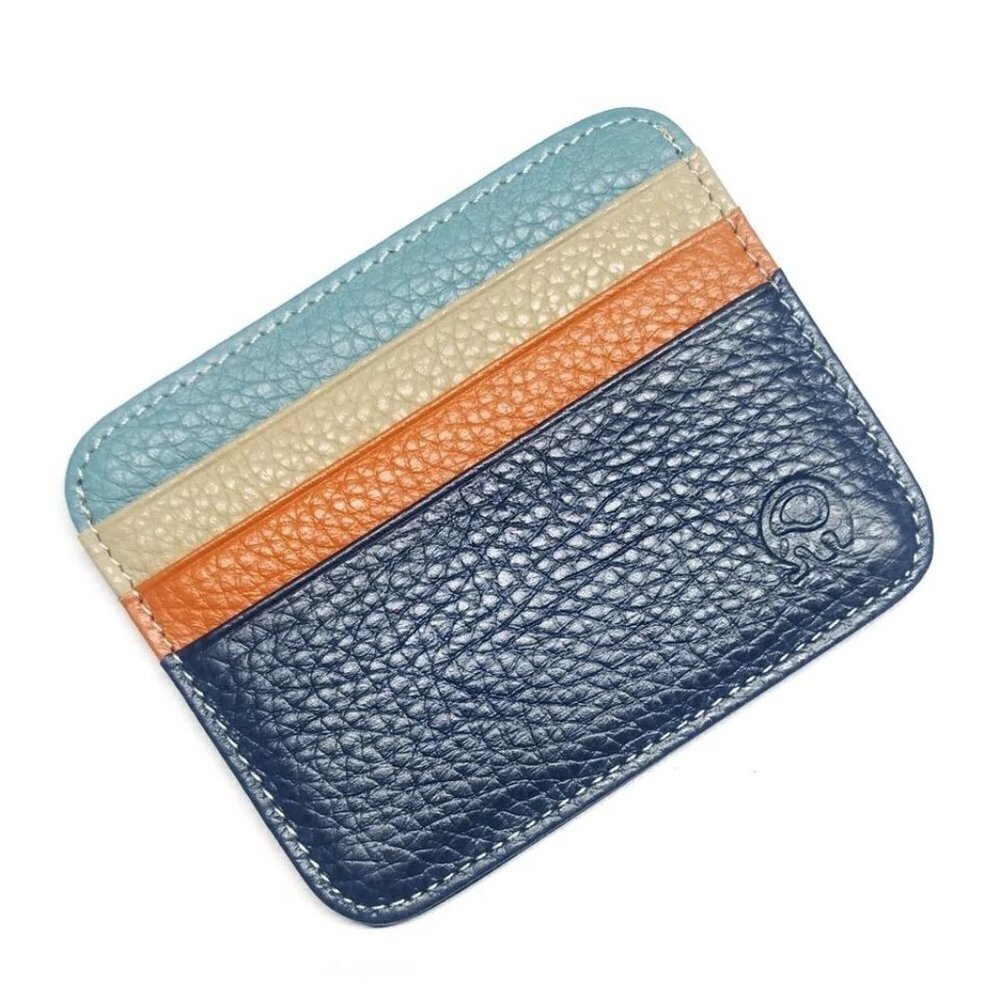 Credit Card ID Wallet Leather 7 Pocket Thin Case Multicolor Blue Orange Tan‎